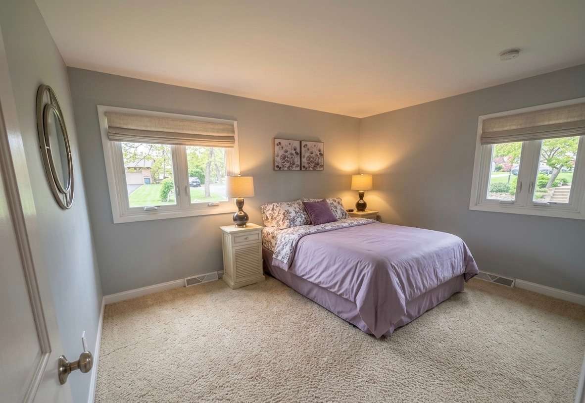 Guest bedroom with fresh paint and mid-century modern character