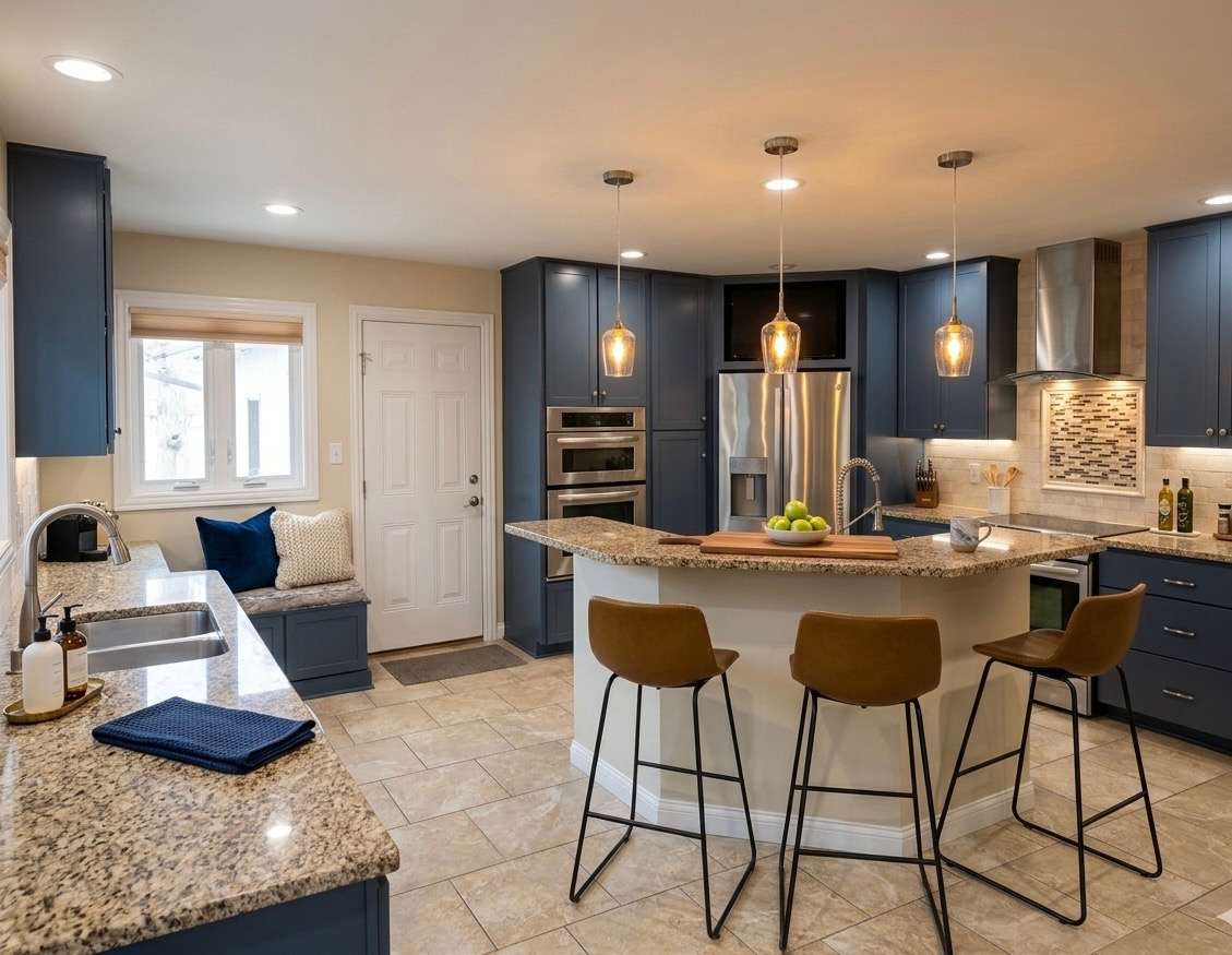 Renovated kitchen with granite countertops and custom cabinets